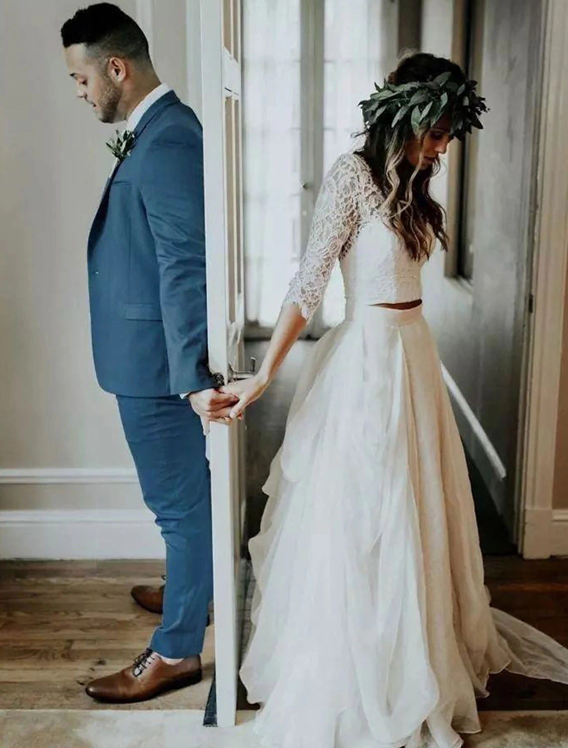 Boho Wedding Dresses Ball Gown V Neck 3/4 Length Sleeve Sweep / Brush Train Chiffon Bridal Suits Bridal Gowns