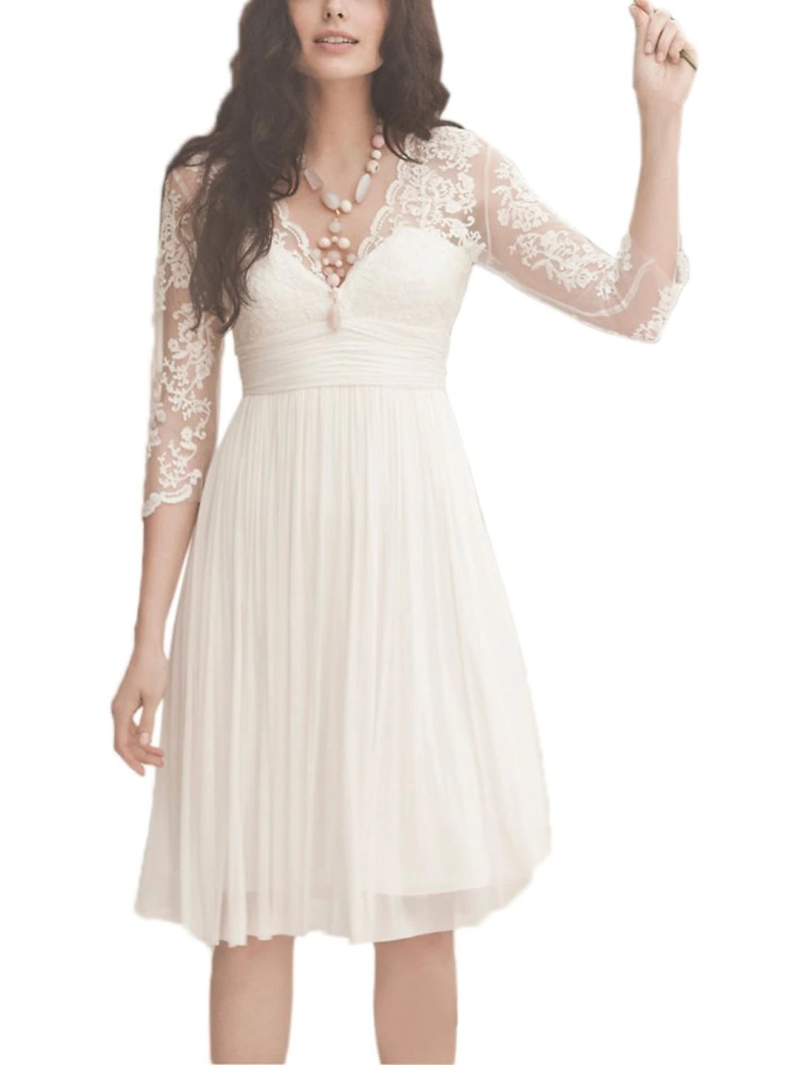 Reception Fall Wedding Dresses Open Back Little White Dresses A-Line V Neck 3/4 Length Sleeve Knee Length Chiffon Bridal Gowns With Ruched Wedding Party