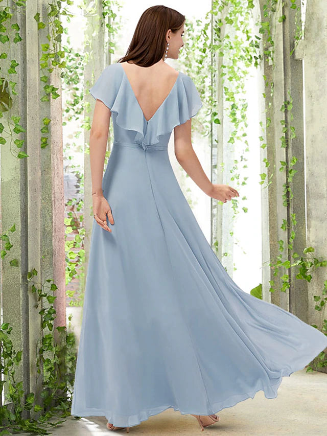 A-Line Bridesmaid Dress V Neck Short Sleeve Elegant Floor Length Chiffon with Pleats / Ruffles
