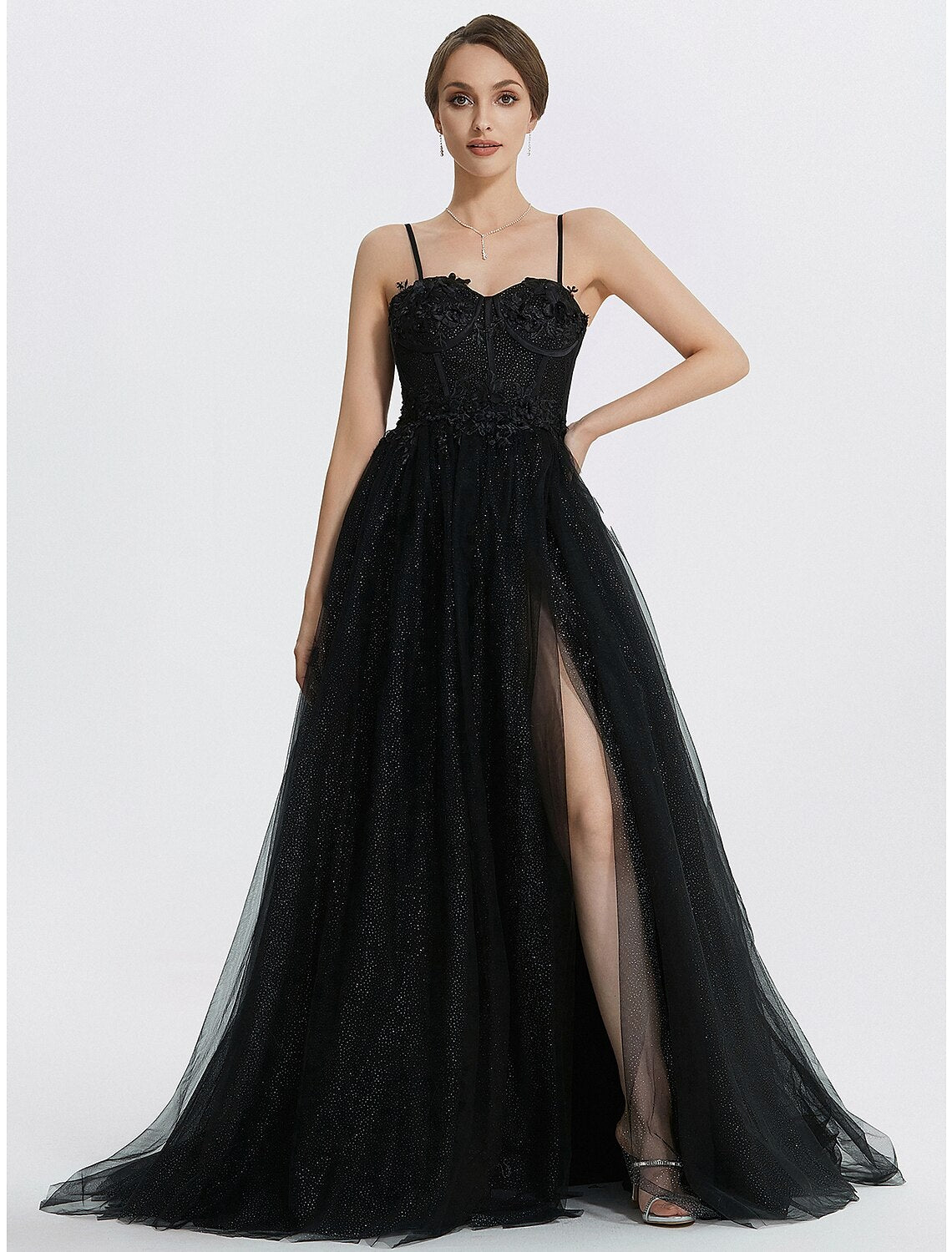 A-Line Prom Dresses Glittering Dress Masquerade photoshoot Floor Length Sleeveless Sweetheart Tulle