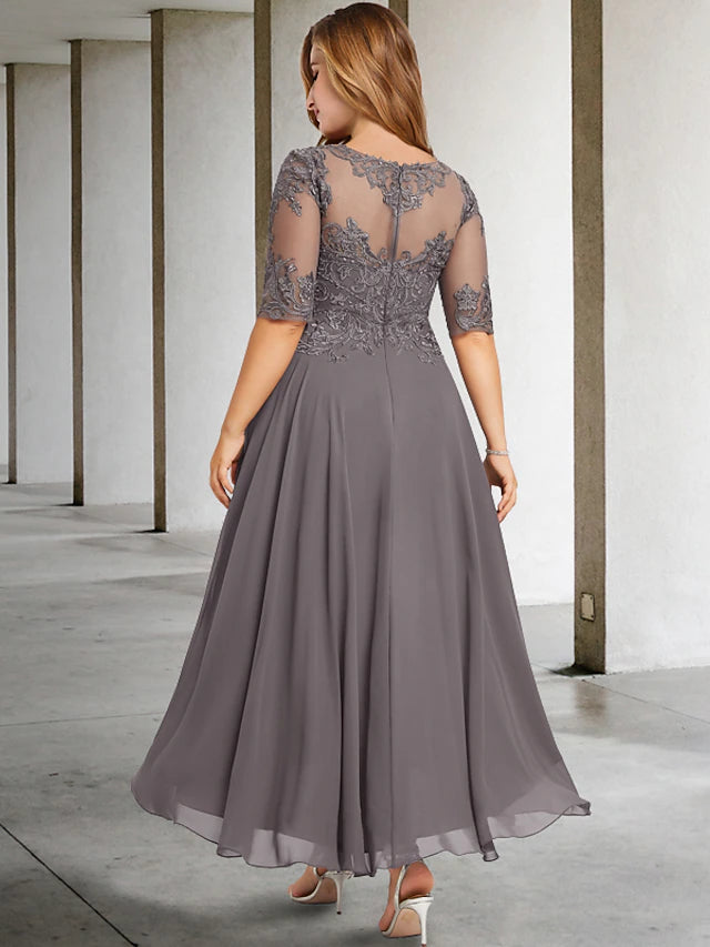 A-Line Plus Size Curve Mother of the Bride Dresses Elegant Dress Formal Asymmetrical Half Sleeve Jewel Neck Chiffon