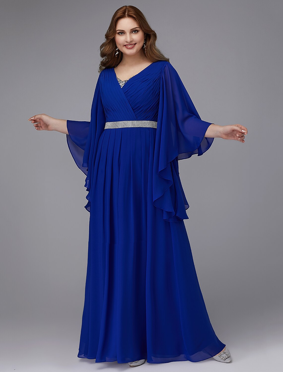 A-Line Plus Size Dress Wedding Guest Formal Evening Floor Length Long Sleeve V Neck Chiffon Lace-up with Crystals