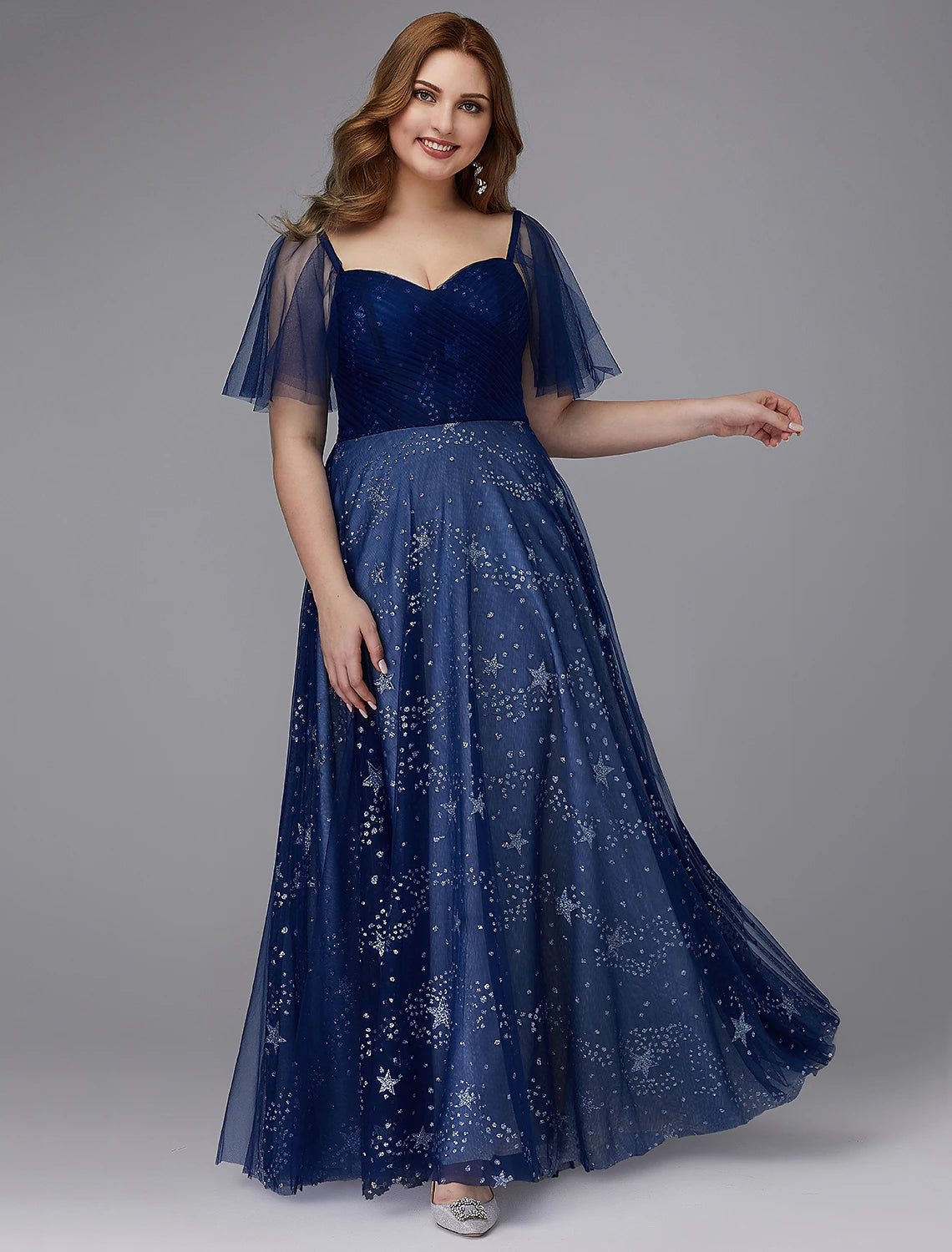 A-Line Plus Size Dress Wedding Guest Prom Floor Length Short Sleeve Sweetheart Tulle Lace-up with Beading Pattern