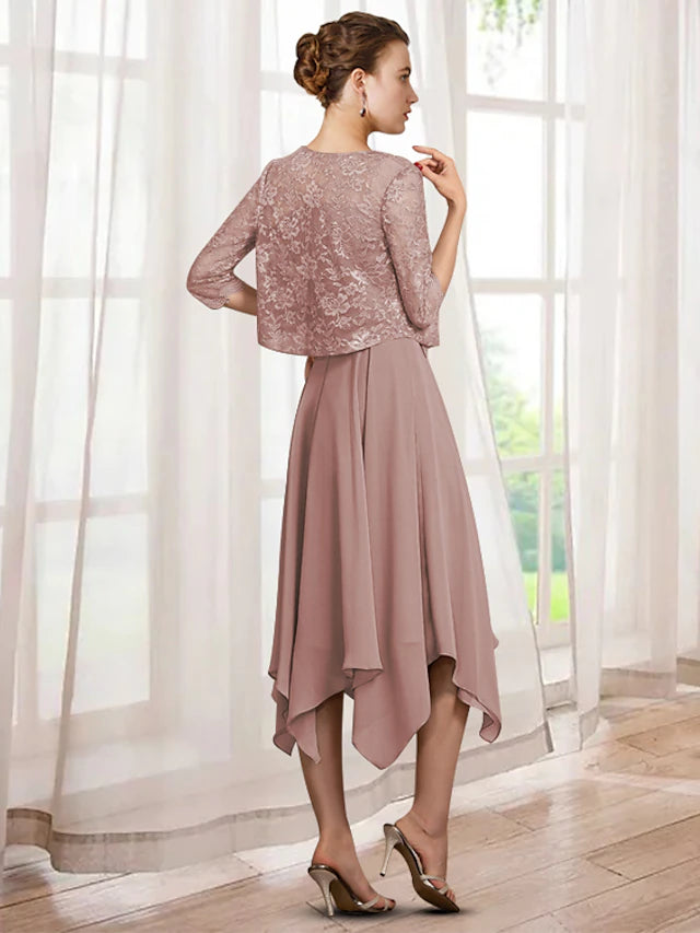 Two Piece A-Line Mother of the Bride Dress Elegant Jewel Neck Tea Length Chiffon Lace Half Sleeve Wrap Included with Sash