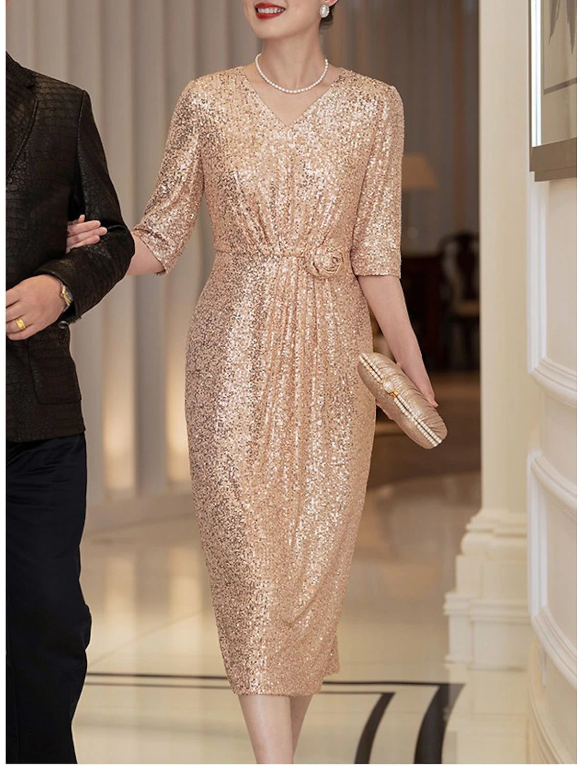 Sheath / Column Cocktail Dresses Sparkle & Shine Dress Wedding Party Floor Length Half Sleeve V Neck Sequined with Sequin