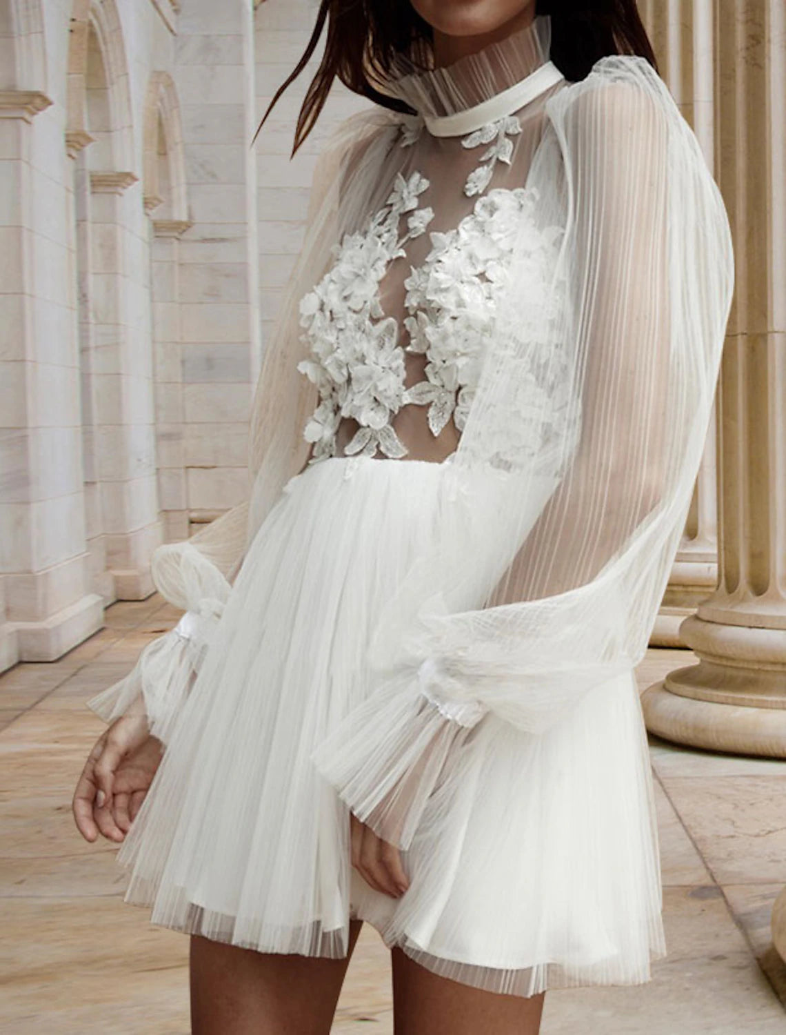 Reception Open Back Little White Dresses Wedding Dresses A-Line High Neck Long Sleeve Short / Mini Satin Bridal Gowns With Pleats