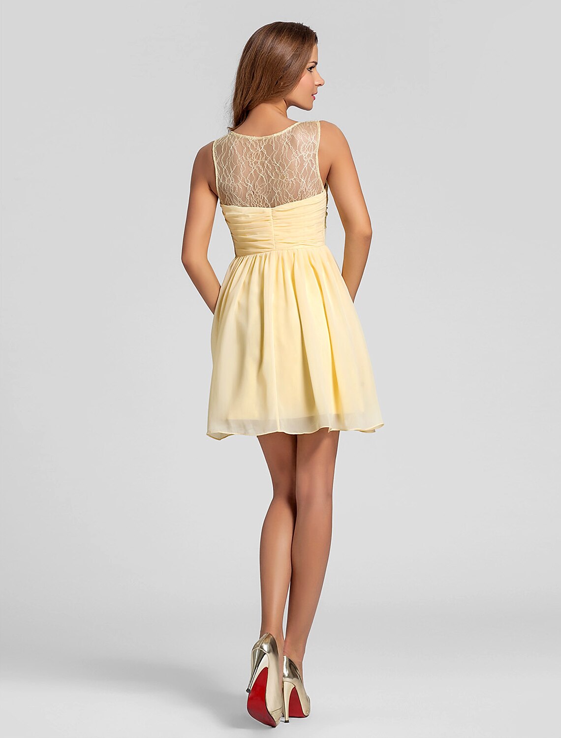 A-Line V Neck Short / Mini Chiffon Bridesmaid Dress with Lace / Criss Cross / Ruched