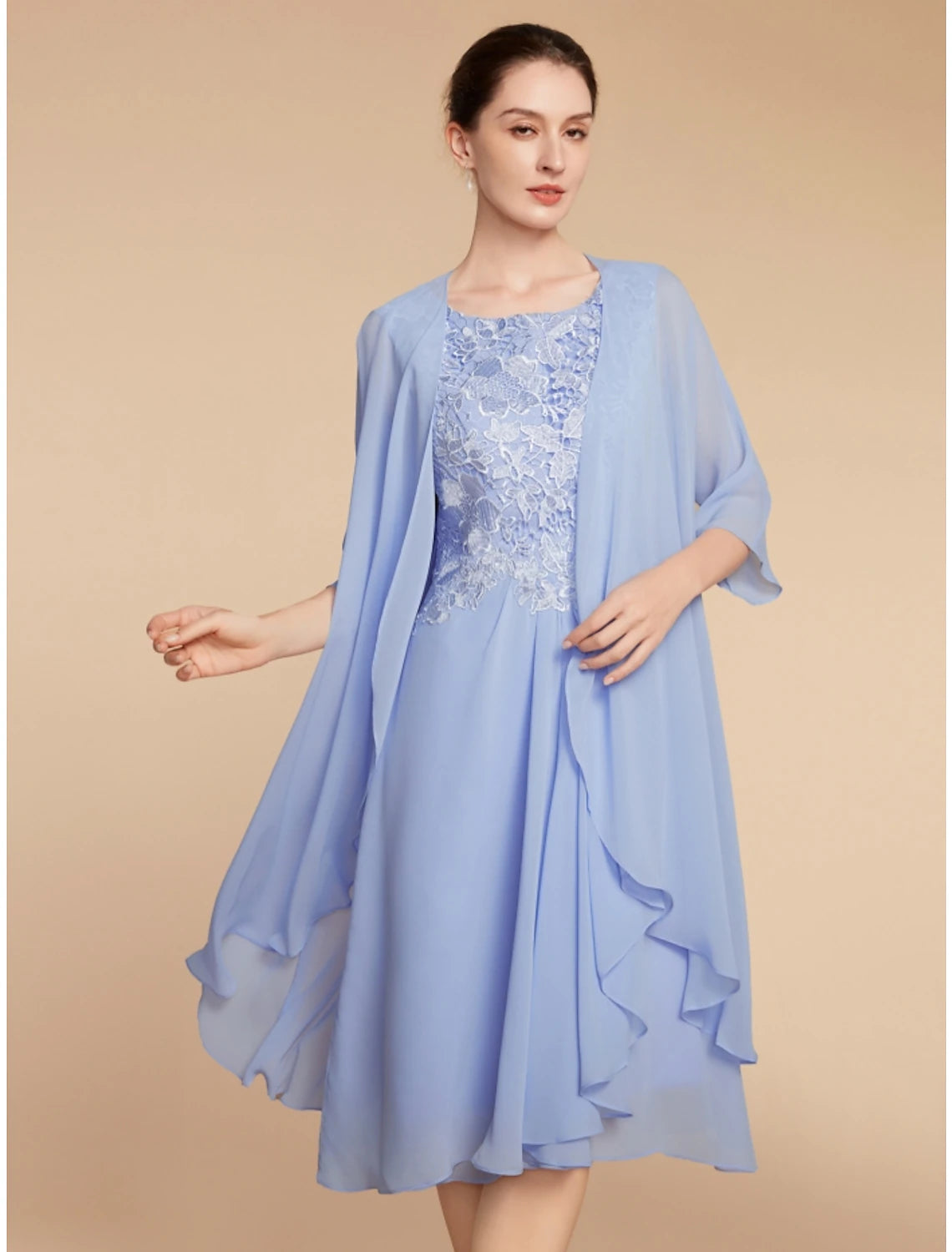 Two Piece Sheath / Column Mother of the Bride Dress Wedding Guest Elegant Petite Scoop Neck Knee Length Chiffon Lace Half Sleeve with Ruching