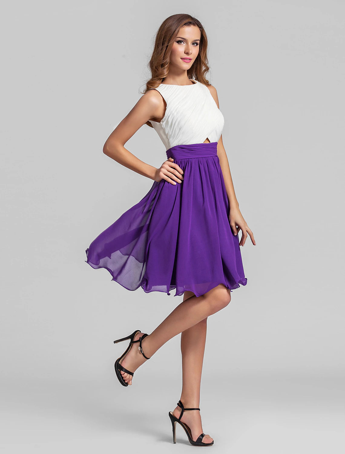A-Line Jewel Neck Short / Mini Chiffon Bridesmaid Dress with Criss Cross