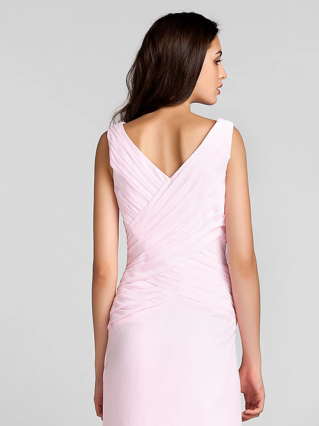 Sheath / Column Bridesmaid Dress V Neck Sleeveless Floor Length Chiffon with Criss Pure Color Pure Color Cross