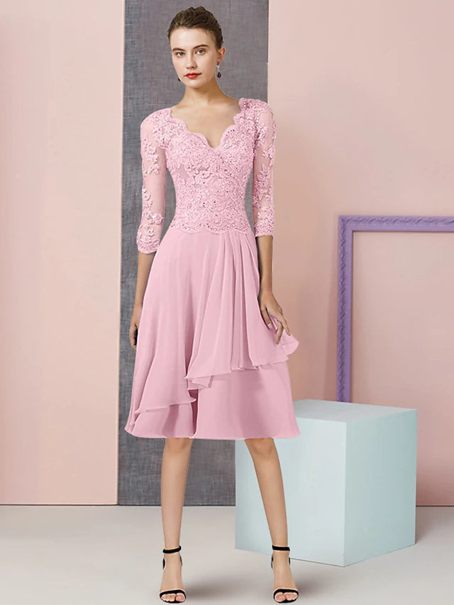 A-Line Mother of the Bride Dress Formal Wedding Guest Vintage Elegant V Neck Knee Length Chiffon Lace Half Sleeve with Pleats Sequin