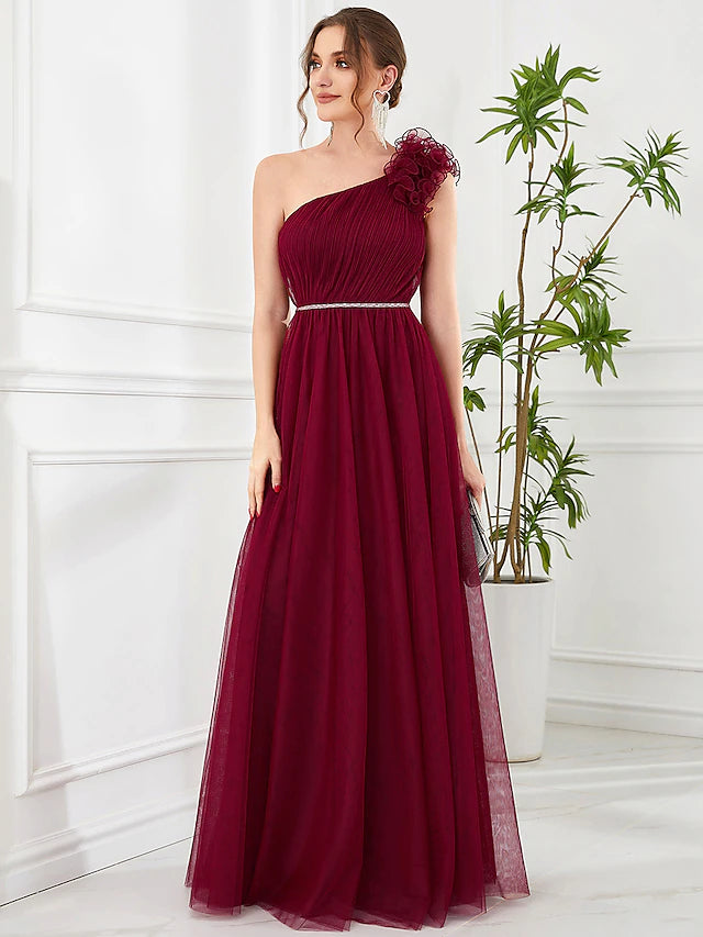 A-Line Prom Dresses Vintage Dress Wedding Party Floor Length Sleeveless One Shoulder Tulle