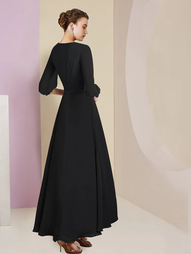 A-Line Mother of the Bride Dress Formal Wedding Guest Vintage Elegant V Neck Asymmetrical Ankle Length Chiffon 3/4 Length Sleeve
