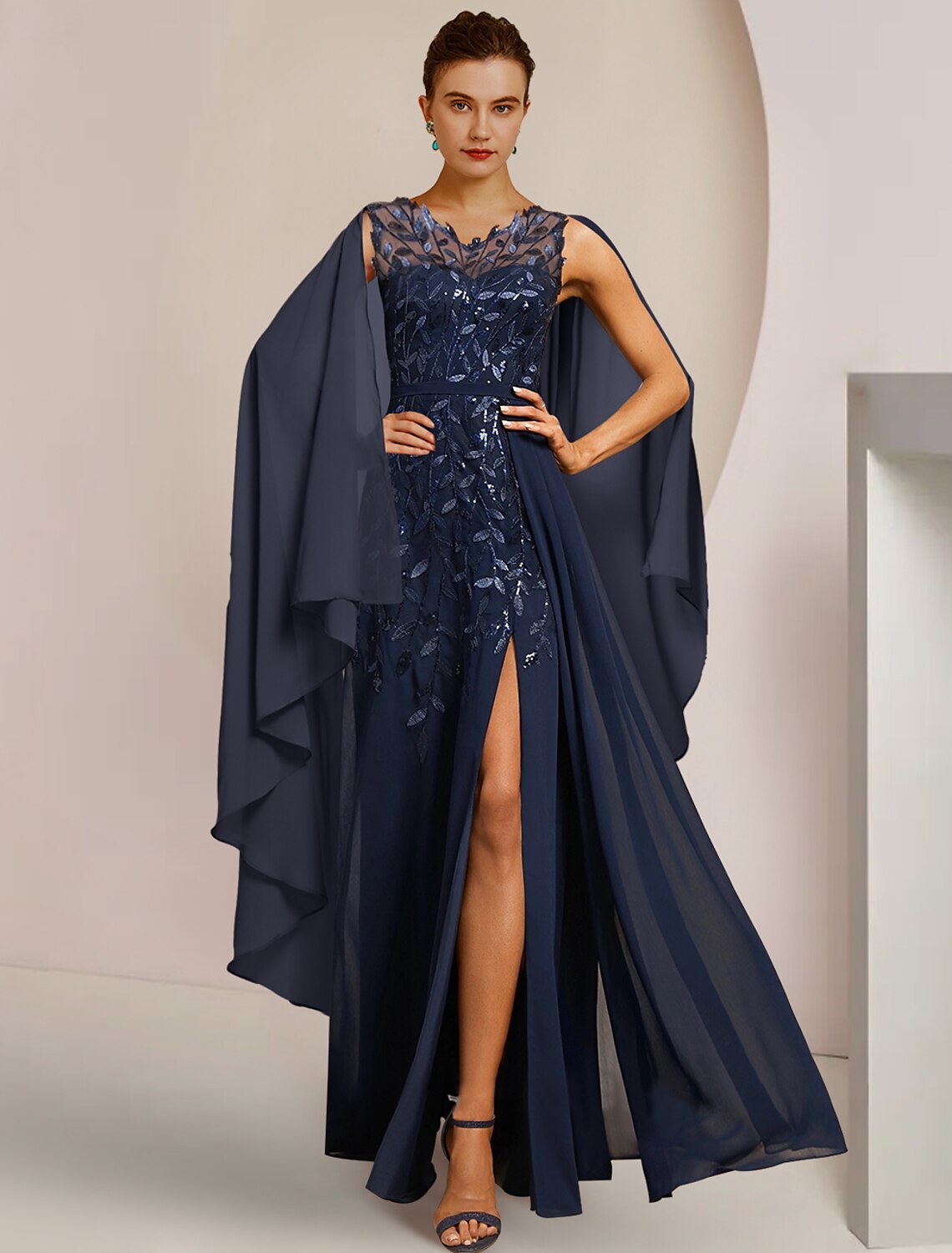A-Line Mother of the Bride Dress Formal Wedding Guest Elegant V Neck Floor Length Chiffon Sequined Sleeveless with Appliques