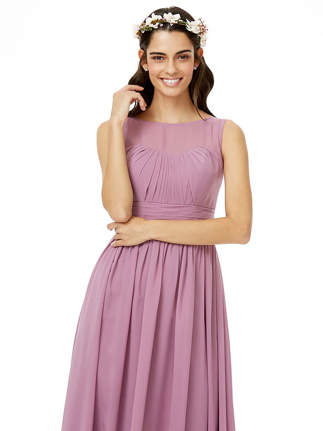 A-Line Bridesmaid Dress Jewel Neck Sleeveless Open Back Floor Length Chiffon with Sash / Ribbon / Pleats
