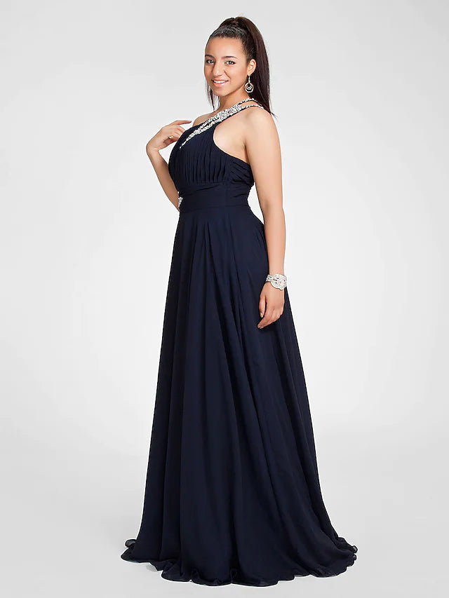 A-Line Cut Out Dress Wedding Guest Sweep / Brush Train Sleeveless One Shoulder Chiffon with Ruched