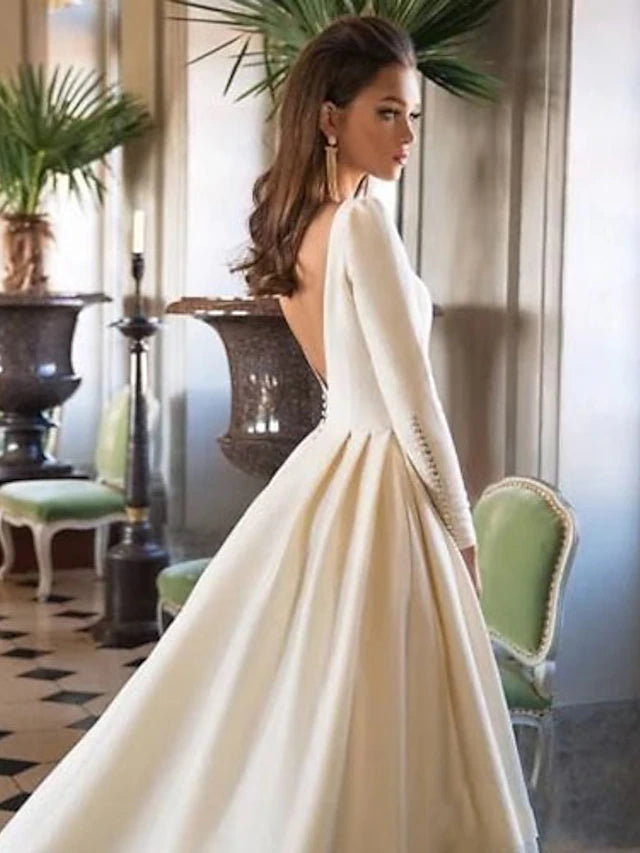 Formal Wedding Dresses Court Train Ball Gown Long Sleeve Scoop Neck Satin With Buttons