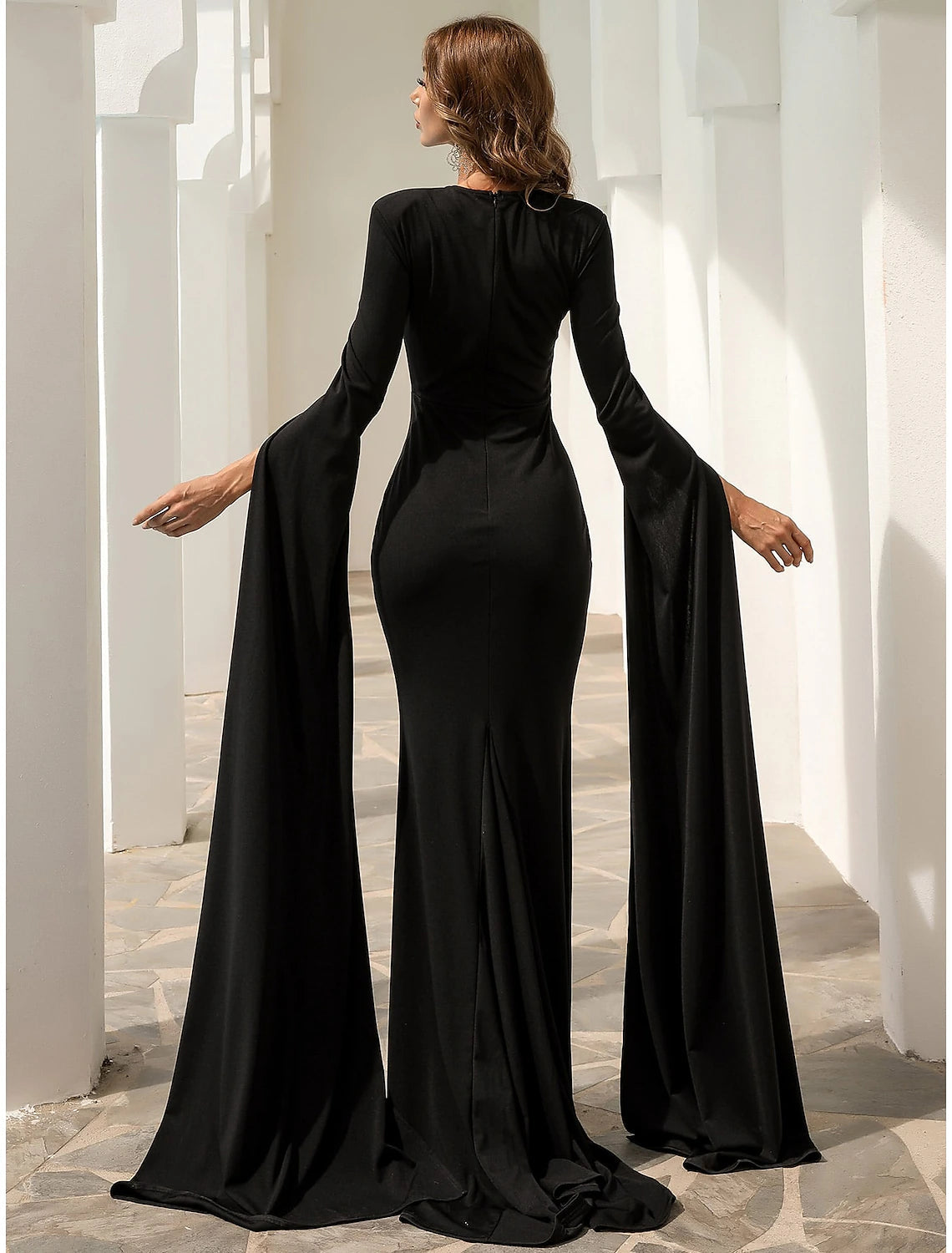 Black Mermaid / Trumpet Evening Gown Elegant Dress Formal Fall Court Train Long Sleeve Jewel Neck Stretch Fabric