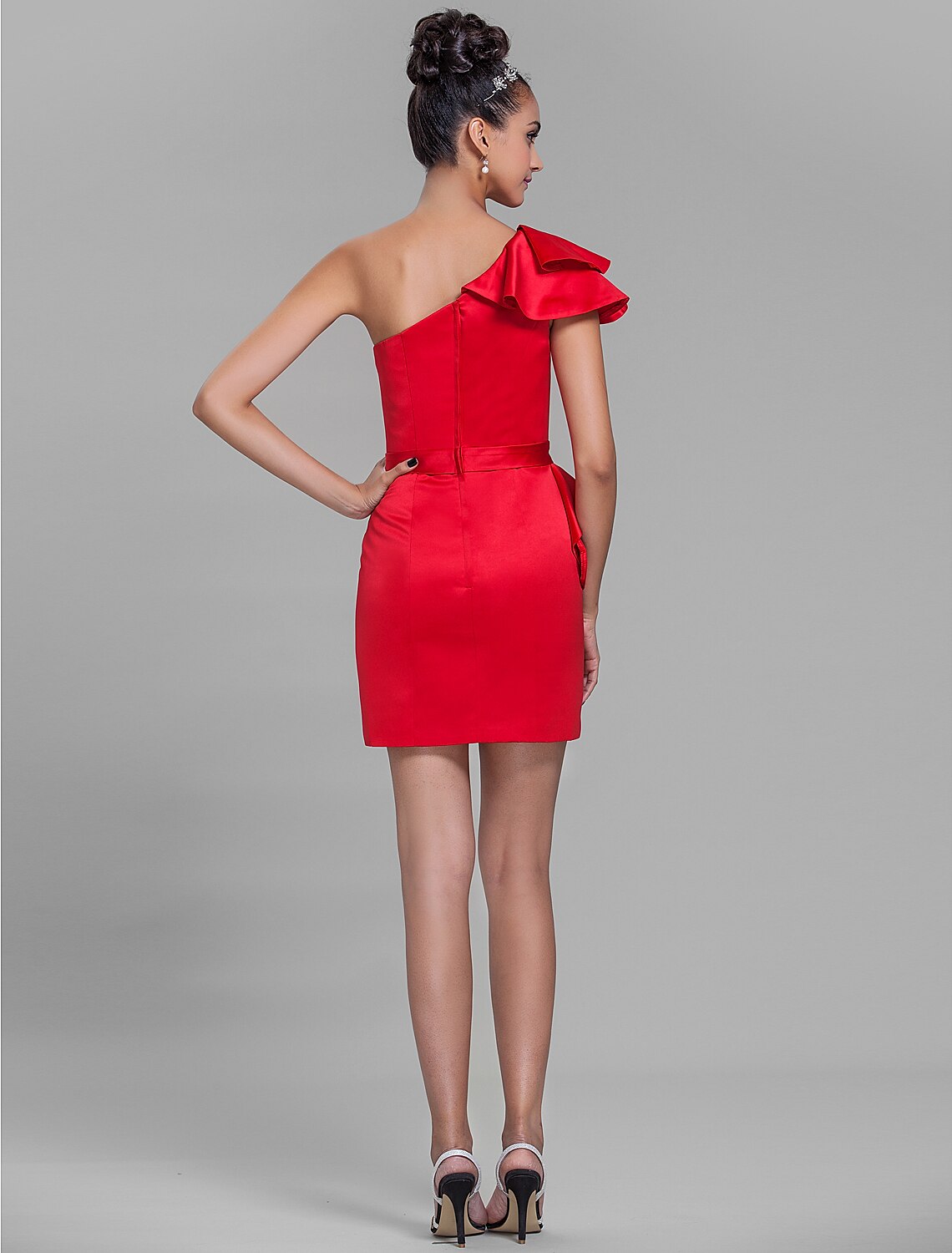 Sheath / Column One Shoulder Short / Mini Satin Bridesmaid Dress with Sash / Ribbon