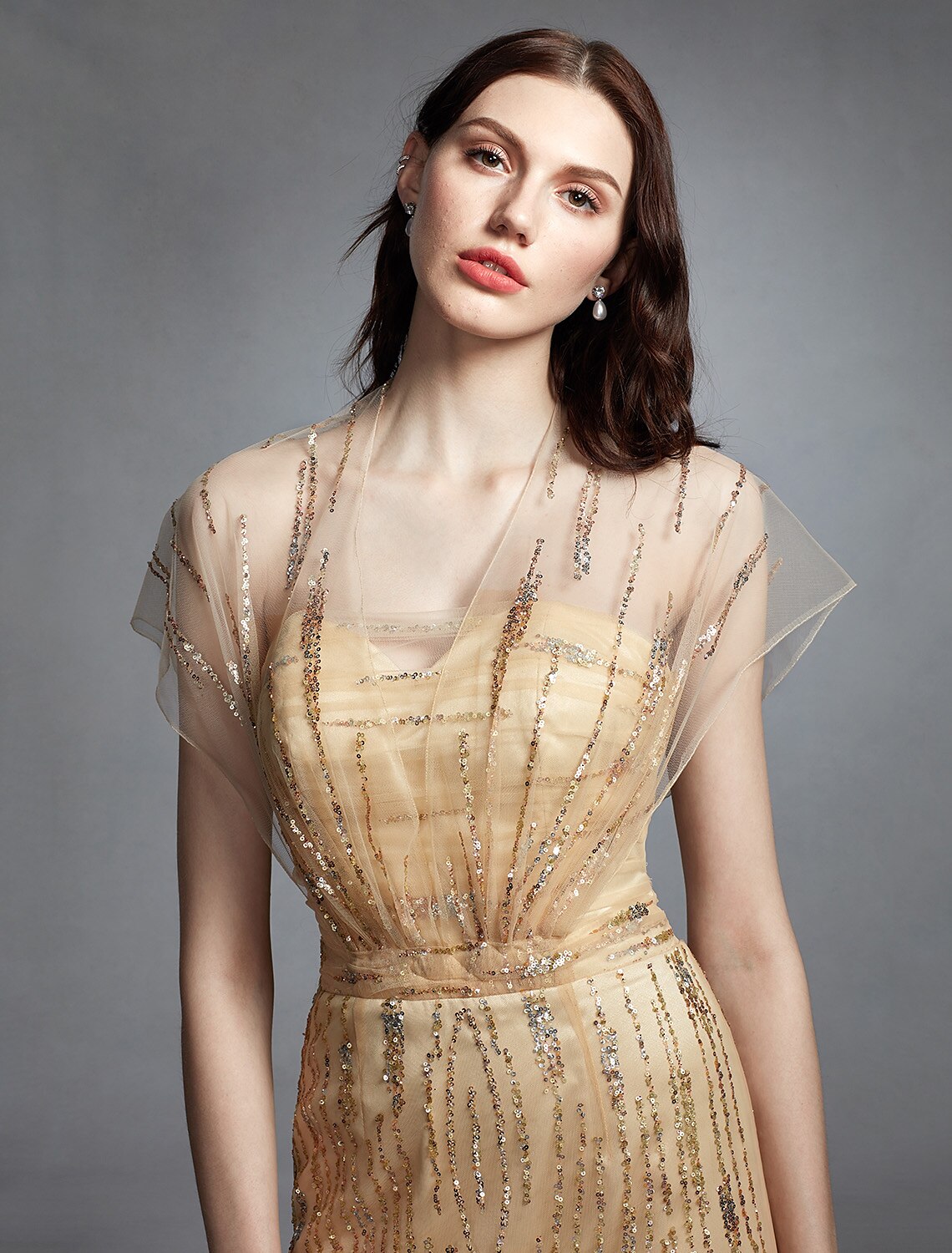 Sheath / Column V Neck Sweep Train Tulle Made-To-Measure Wedding Dresses with Sequin
