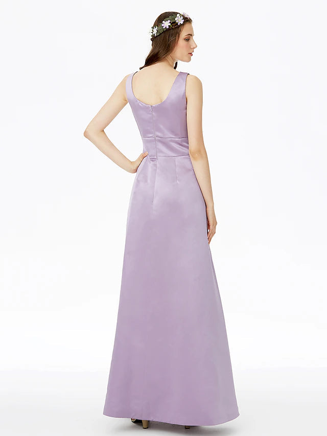 A-Line Bridesmaid Dress Notched Sleeveless Elegant Floor Length Satin with Pleats