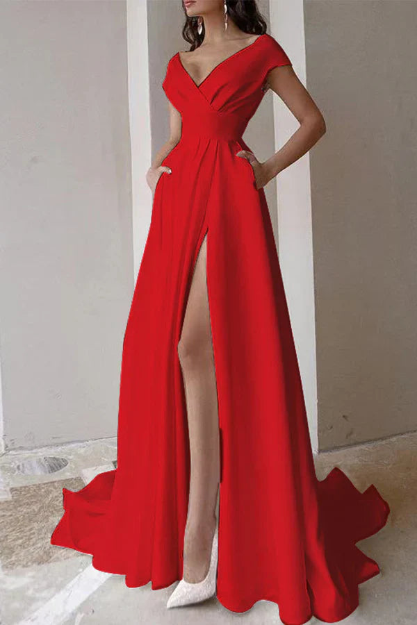 A-line/Princess V-neck Cap Sleeve Wedding Dress Split Front Sweeping/Brush Tail Sexy Evening Dresses