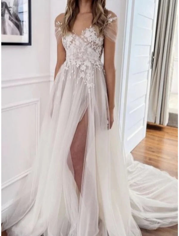 Beach Formal Wedding Dresses A-Line V Neck Short Sleeve Court Train Lace Bridal Gowns With Pleats Split