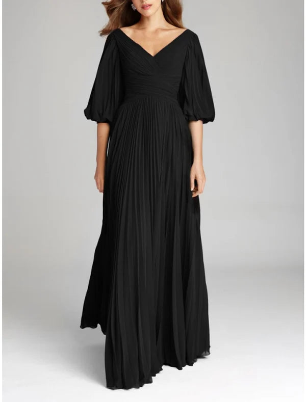A-Line Evening Gown Elegant Dress Formal Floor Length Half Sleeve V Neck Chiffon with Pleats