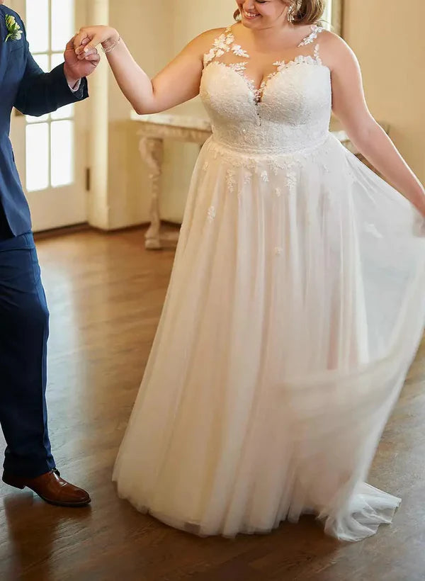 A-line/Princess V-neck Large Sticker Lace Wedding Dress Plus Size Beautiful