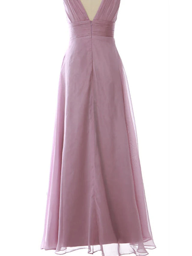 A-Line Wedding Guest Dresses Elegant Dress Party Wear Floor Length Sleeveless V Neck Chiffon