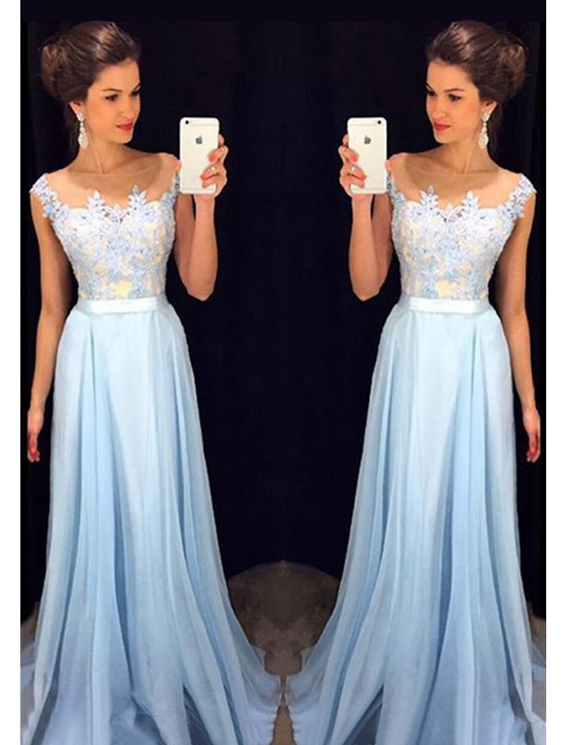 A-Line Prom Dresses Color Block Dress Formal Floor Length Sleeveless Jewel Neck Chiffon with Beading