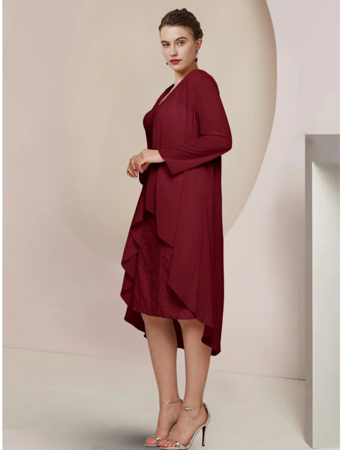 A-Line Mother of the Bride Dress Wedding Guest Elegant Petite Square Neck Knee Length Chiffon Long Sleeve with Ruching