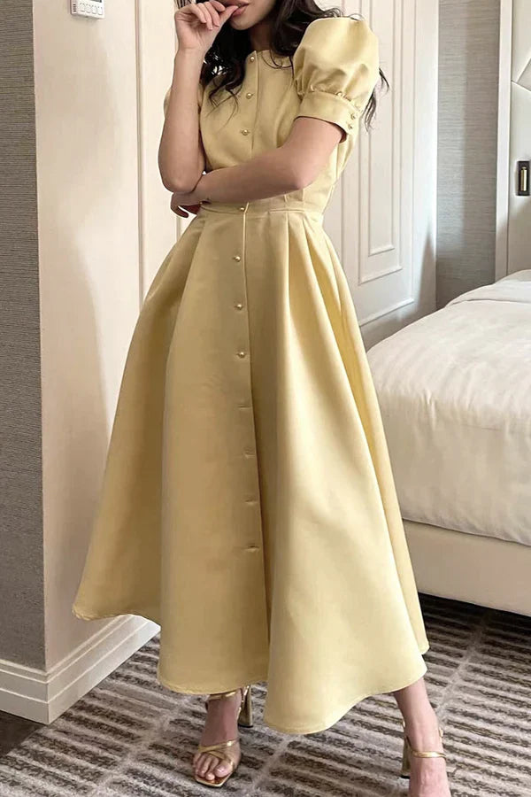 Elegant solid color buckle O-neck A-line short sleeved evening dress Party Dress