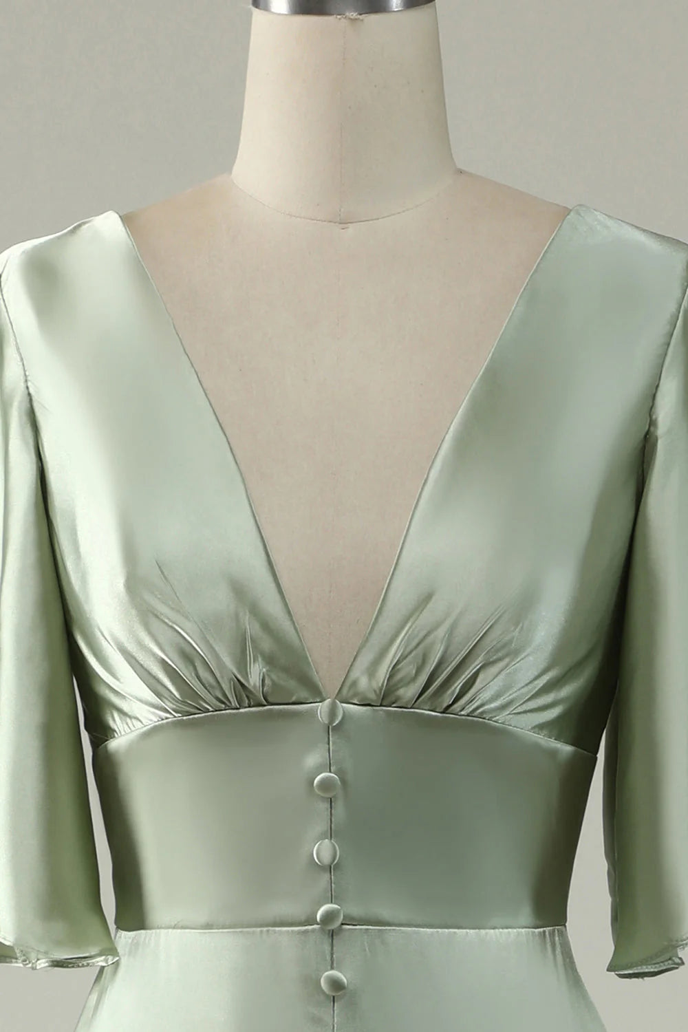 Light Green A Line Deep V Neck Bridesmaid Dress with Half Sleeves Elegant Evening Party Dress