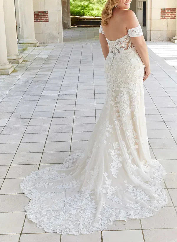 Trumpet/Fishtail Off Shoulder Large Sticker Lace Wedding Dress Plus Size Beautiful