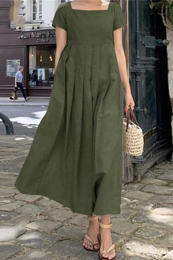 Leisure minimalist solid color pleated square collar A-line evening dress Mother of the Bride Dresses