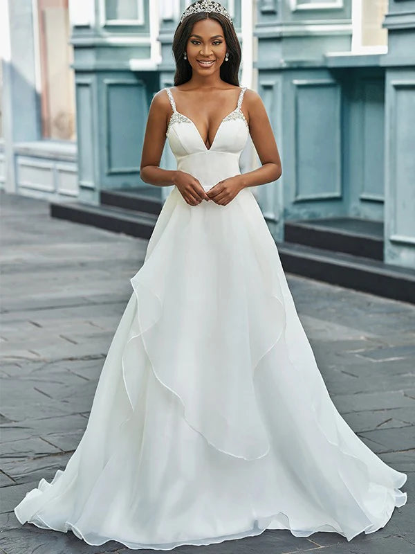 A-Line/Princess V-neck Organza Sleeveless Beading Sweep/Brush Train Wedding Dresses Sexy