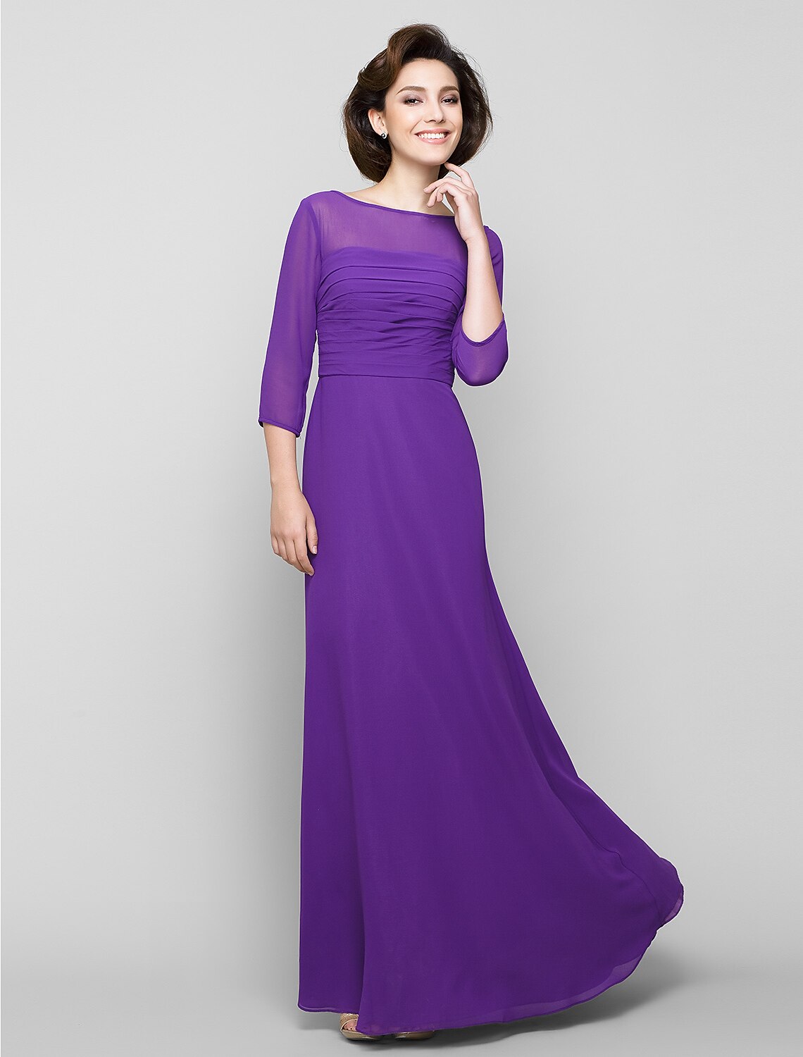 A-Line Mother of the Bride Dress Elegant Scoop Neck Ankle Length Chiffon 3/4 Length Sleeve