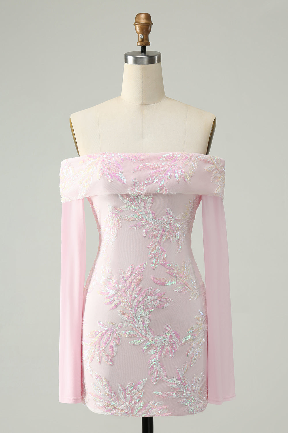 Cute Sparkly Bodycon Off The Shoulder Sequin Pink Homecoming Dress with Long Sleeves Beautiful