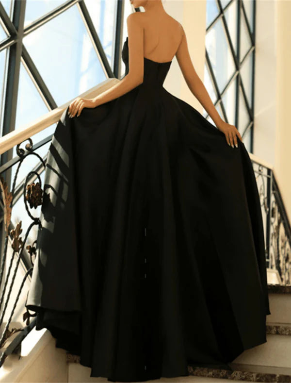 A-Line Evening Gown Elegant Black Dress Plus Size Formal Masquerade Floor Length Sleeveless Strapless Satin with Slit