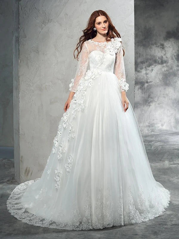 Ball Gown Sheer Neck Hand-Made Flower Long Sleeves Long Net Wedding Dresses With Flowers