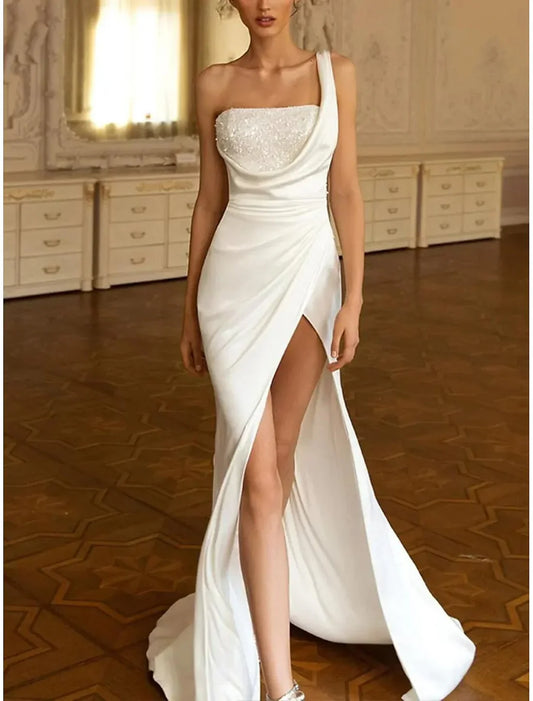 Fishtail pattern/Loudspeaker strapless wedding dress sweeping/Brushing train with pleats Sexy