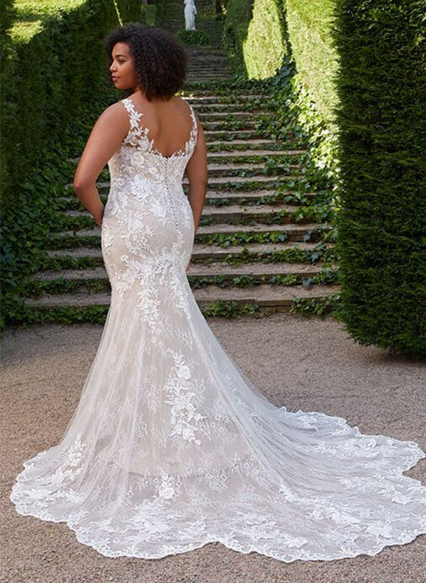 Trumpet/Fishtail V-neck Large Sticker Lace Wedding Dress Plus Size Beautiful
