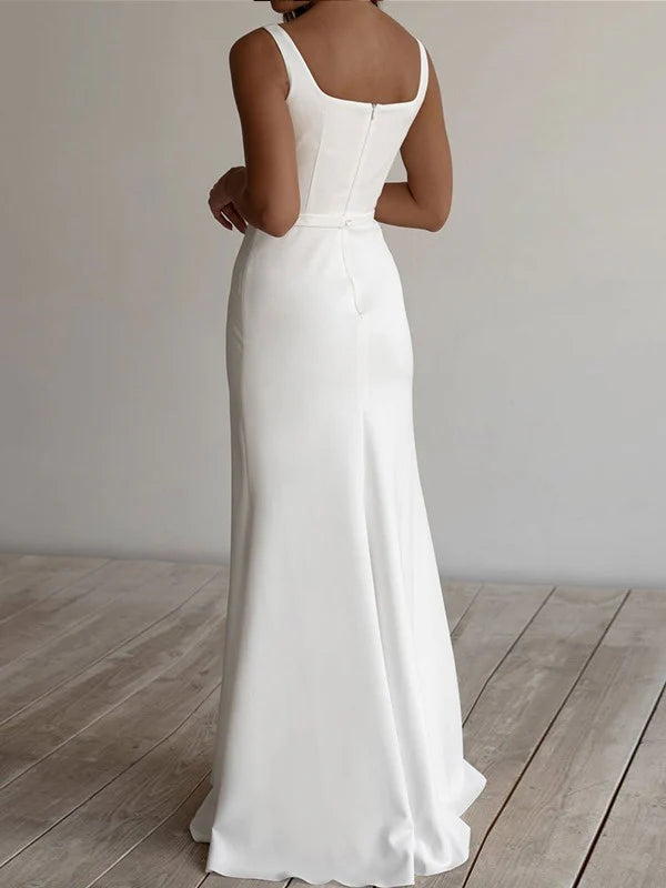 Tight fit/straight tube crepe ruffle edge shoulder strap sleeveless ground wedding dress Floor Length