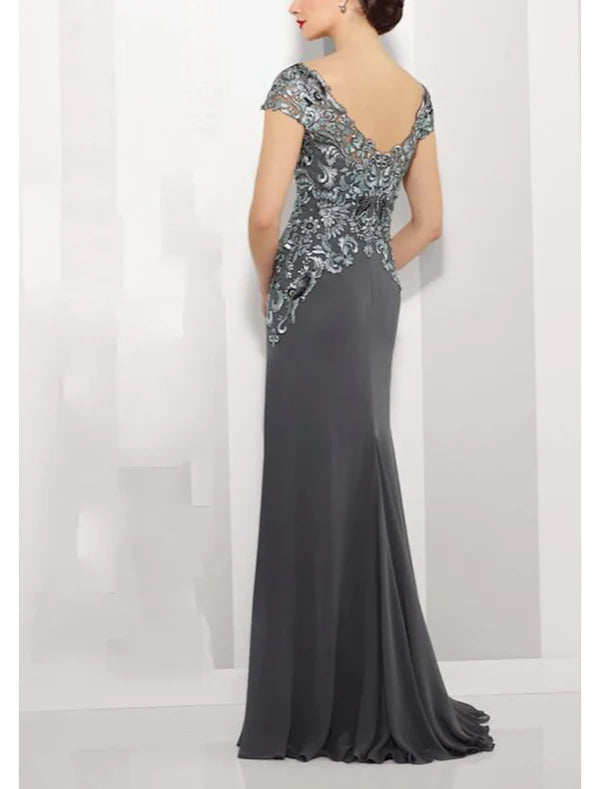 A-Line Mother of the Bride Dress Elegant Jewel Neck Floor Length Chiffon Lace Short Sleeve with Lace