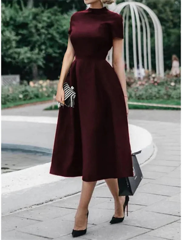 A-Line Wedding Guest Dresses Minimalist Dress Party Dress Wedding Party Tea Length Short Sleeve High Neck Stretch Satin with Pleats