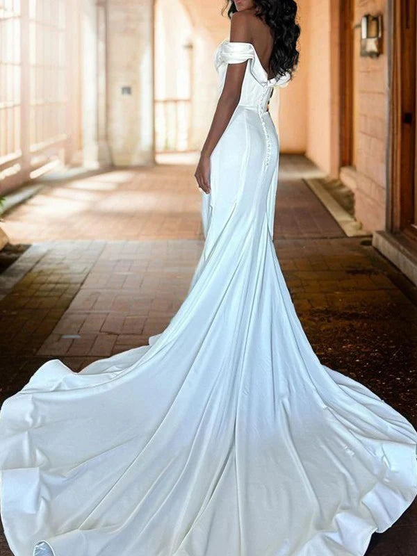Tight off shoulder pleated cathedral train woven satin tight fitting corset wedding dress With Slit