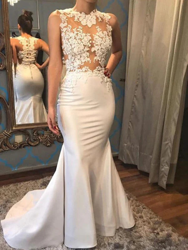 Fishtail Sleeveless Low Round Neck Palace Train Applique Satin Wedding Dress Beautiful