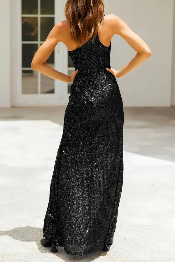 Sexy formal solid color sequin slit diagonal collar evening dress One Shoulder Sparkly