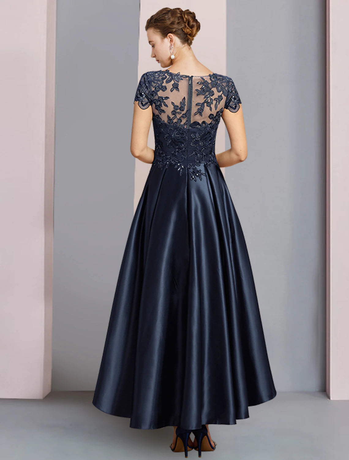 A-Line Mother of the Bride Dress Formal Wedding Guest Party Elegant High Low Scoop Neck Asymmetrical Tea Length Satin Lace Half Sleeve with Sequin